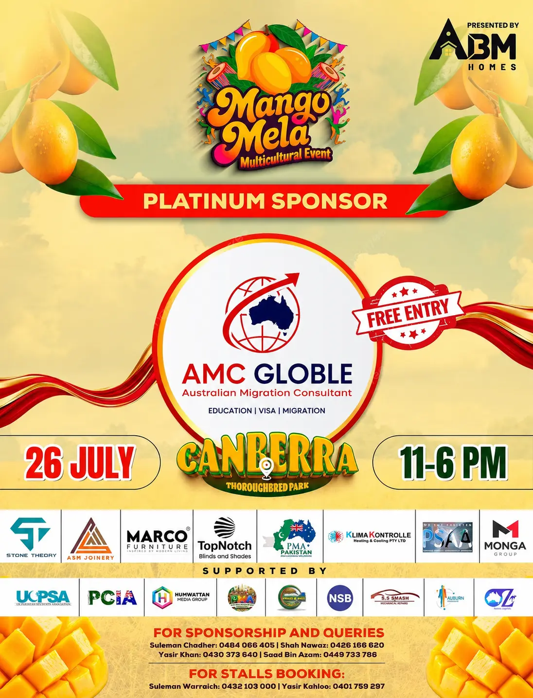 AMC GLOBLE Platinum Sponsor banner for Mango Mela Canberra 2026