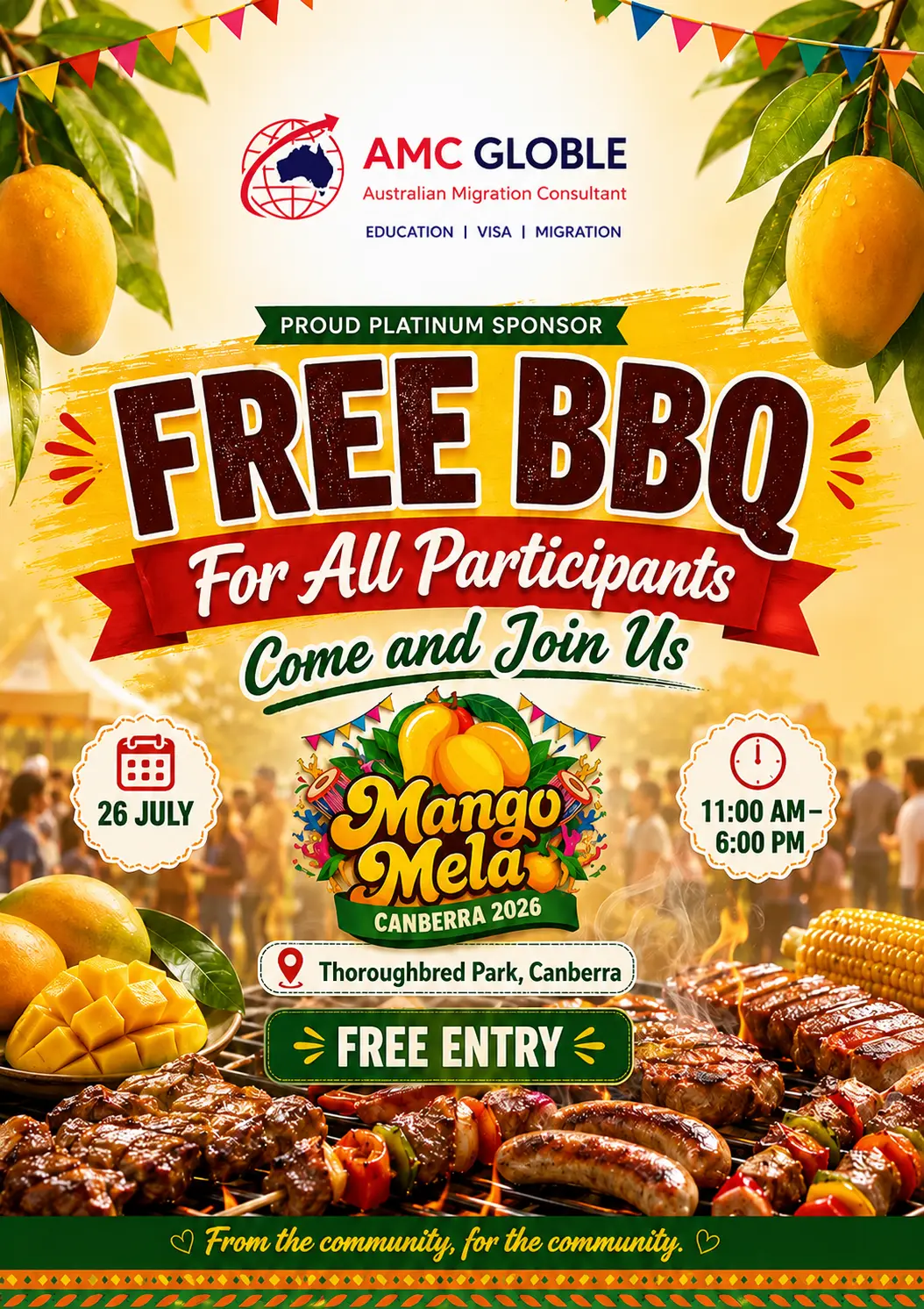 Community members enjoying FREE BBQ sponsored by AMC GLOBLE at Mango Mela Canberra 2026