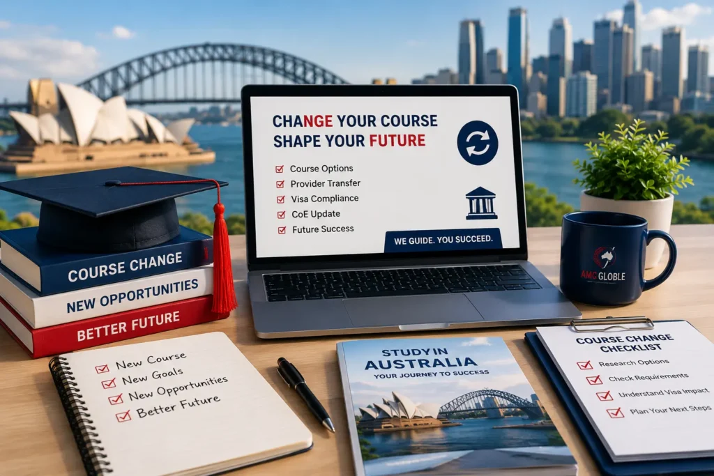 Course Change Australia guidance with provider transfer, student visa support and CoE update assistance by AMC GLOBLE.